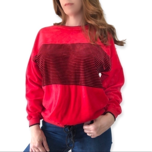 𝅺russ Studio Retro Vintage red velvet velour striped sweatshirt sweater 80s - Picture 1 of 9